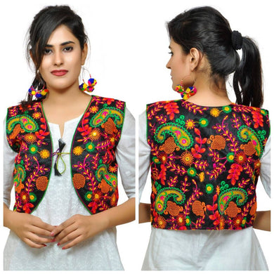 Dupion Silk Kutchi Embroidered Sleeveless Short Jacket