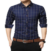 Load image into Gallery viewer, Navy Blue Checked Cotton Slim Fit Casual Shirt