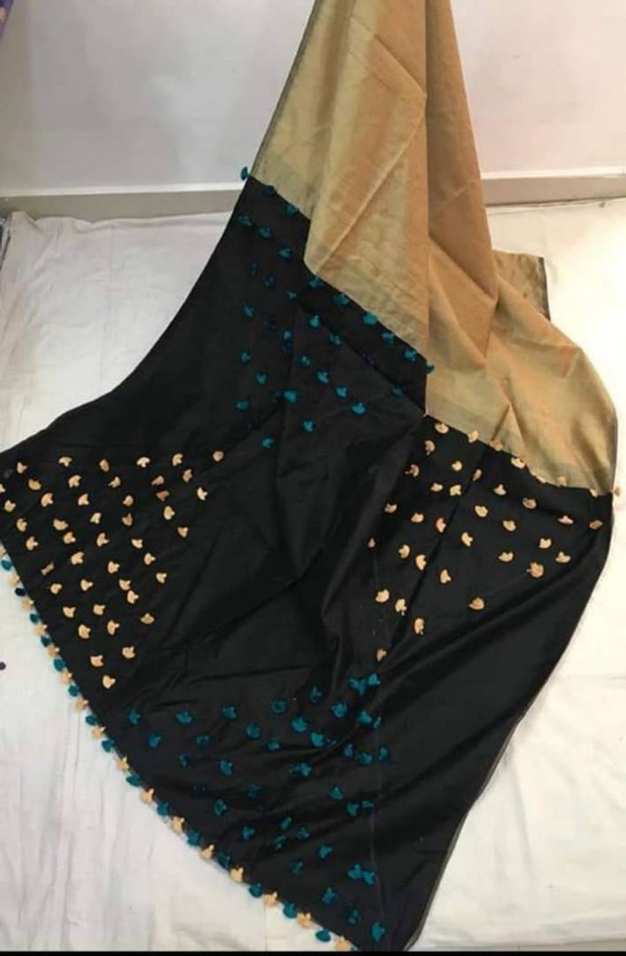 Women's Cotton Silk Pom Pom Handloom Saree with Blouse Piece