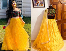 Load image into Gallery viewer, Heavy Net Embroidered Semi Stitched yellow colour lehenga choli With Blouse Piece (Free Size)