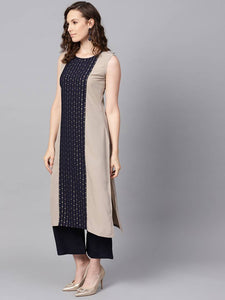 Elegant Beige Printed Crepe Straight Women Kurta Palazzo Set