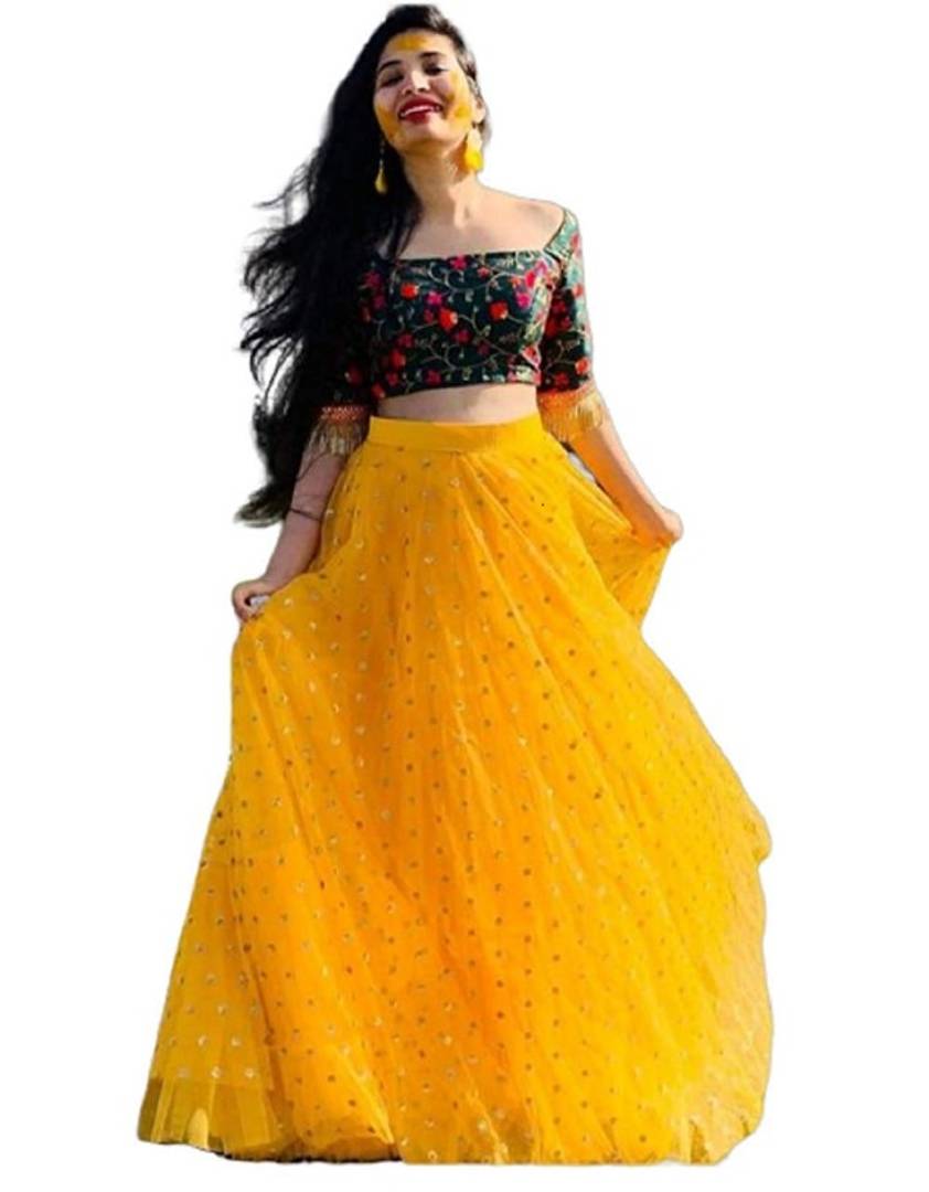 Heavy Net Embroidered Semi Stitched yellow colour lehenga choli With Blouse Piece (Free Size)