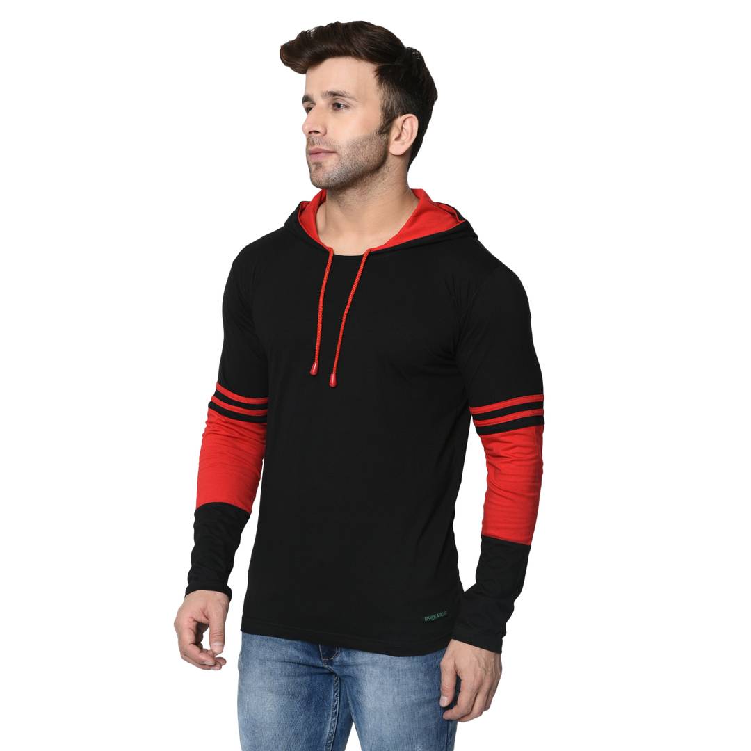 Men's Black Cotton Self Pattern Hooded Tees - SVB Ventures 