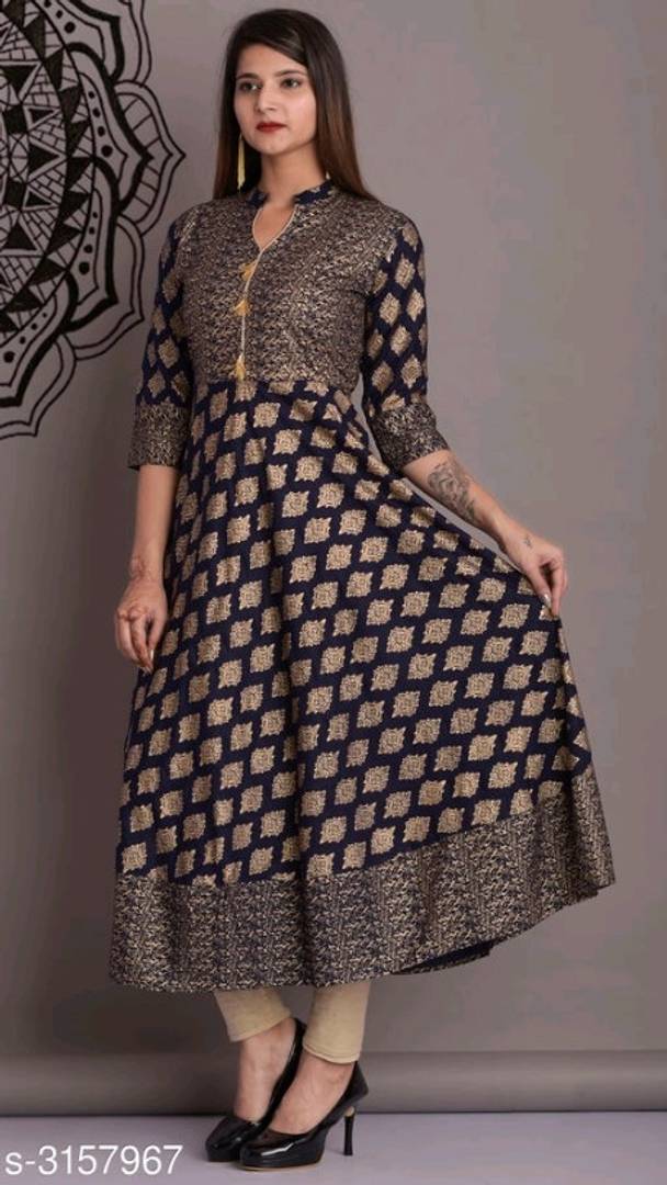 Navy Blue Rayon 140 GSM Printed Women Anarkali Kurti - SVB Ventures 