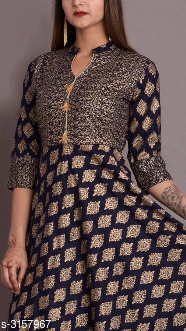 Navy Blue Rayon 140 GSM Printed Women Anarkali Kurti - SVB Ventures 