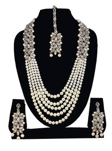 White Crystal Kundan Pearl Long Mala Necklace Set with Earrings and Maang Tikka