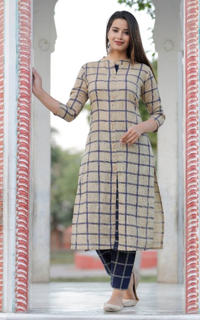 Stylish Women's Cotton Slub Checked Kurta Pant Set