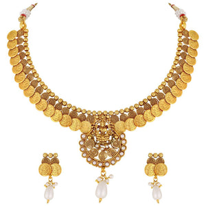 Traditional Laxmi Coin Gold Plated Ethnic Copper Necklace Set For Women