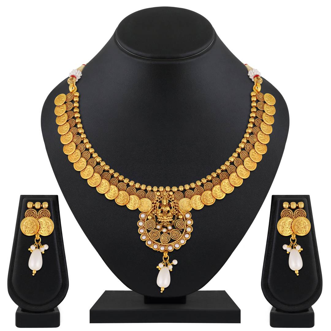 Traditional Laxmi Coin Gold Plated Ethnic Copper Necklace Set For Women