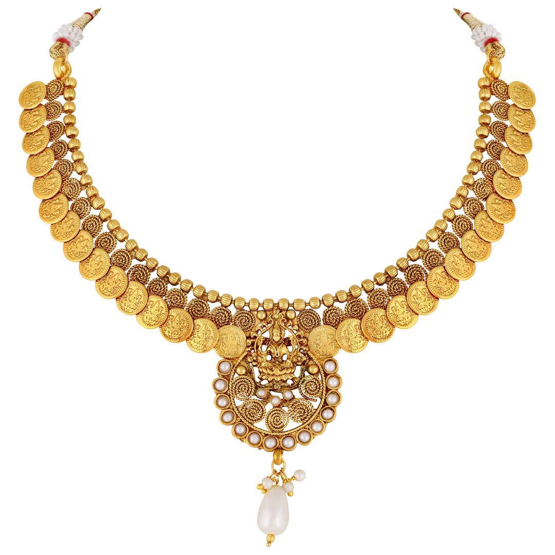 Traditional Laxmi Coin Gold Plated Ethnic Copper Necklace Set For Women