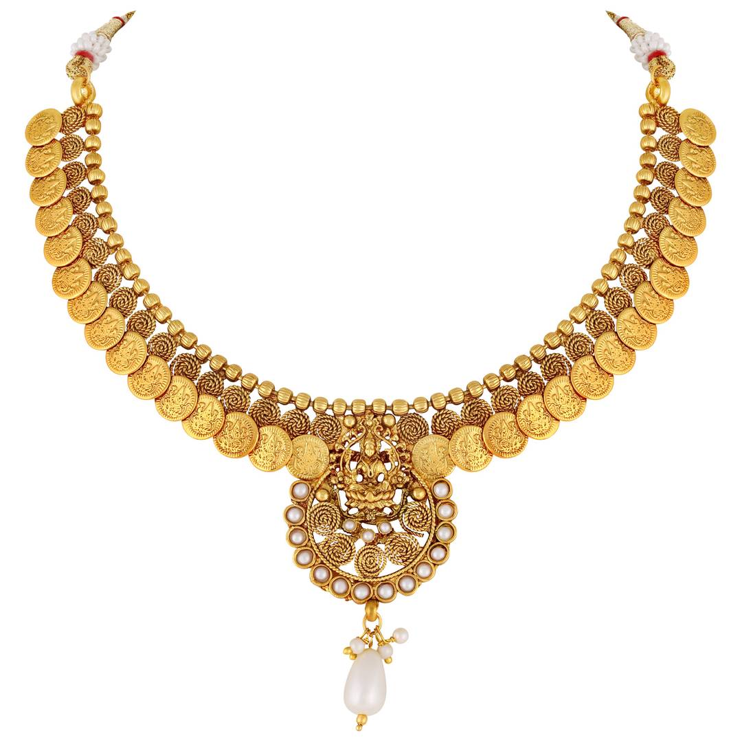 Traditional Laxmi Coin Gold Plated Ethnic Copper Necklace Set For Women