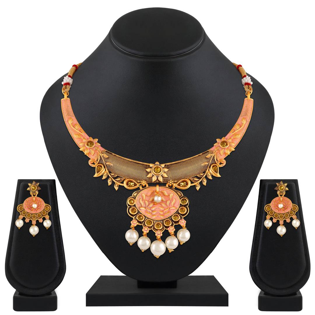 Gold Plated Traditional Ethnic Choker Necklace Set For Women