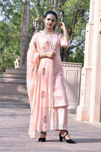 Elegant Peach Printed Cotton Women Kurta Pant Set with Dupatta - SVB Ventures 