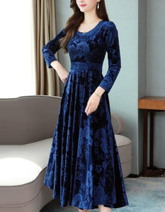 Navy Blue Self Pattern Velvet Long Dress