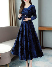 Load image into Gallery viewer, Navy Blue Self Pattern Velvet Long Dress