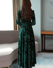 Load image into Gallery viewer, Green Self Pattern Velvet Long Dress