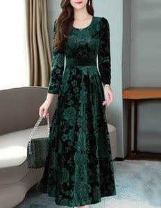 Green Self Pattern Velvet Long Dress