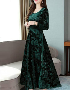 Green Self Pattern Velvet Long Dress