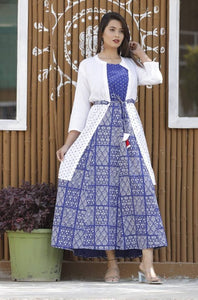 Women's Blue and White Printed Rayon Kurti