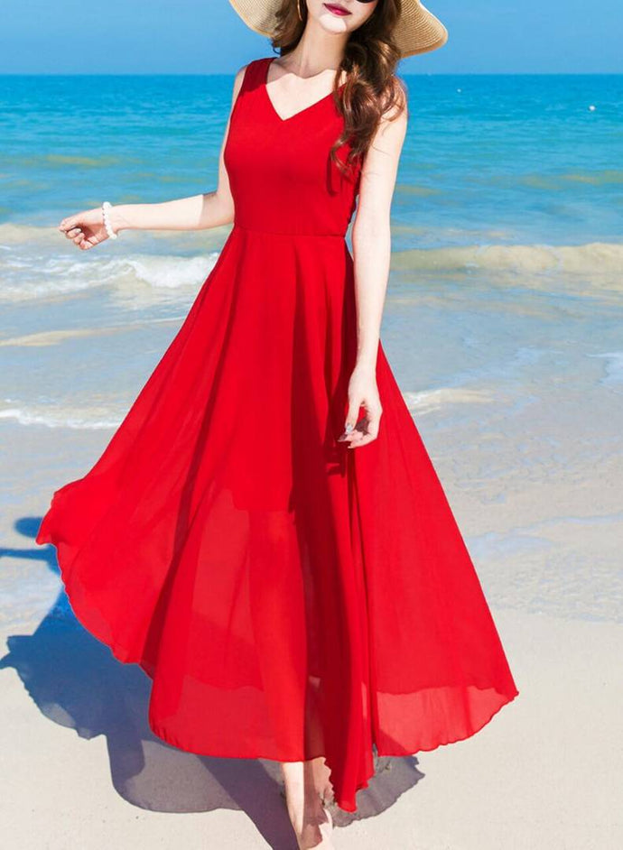 Red Solid V-Neck (Belt) Long Maxi Dress