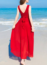 Load image into Gallery viewer, Red Solid V-Neck (Belt) Long Maxi Dress