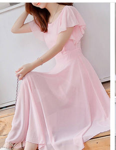 Pink Flutter Sleeve Long A-Line Maxi Dress