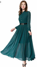 Load image into Gallery viewer, Green Solid Collar Long Maxi Dress with Belt