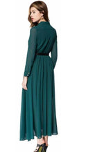 Load image into Gallery viewer, Green Solid Collar Long Maxi Dress with Belt