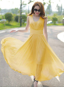 Yellow V-Neck Long Maxi Dress