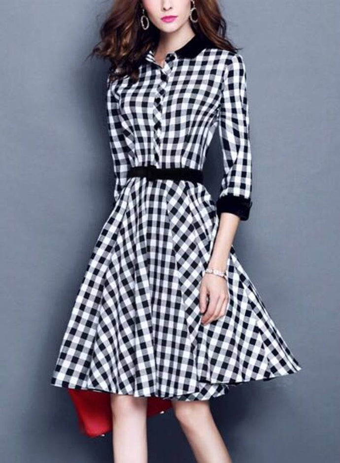 Multicoloured With White Checked Midi Fit and Flare Dress