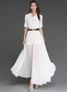 White Solid Side Slit Long Maxi Dress
