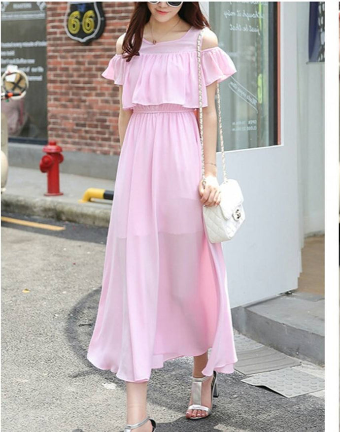 Pink Cold Shoulder Long Maxi Dress