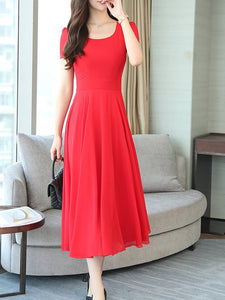 Women's Red Georgette Solid Midi Length Dress