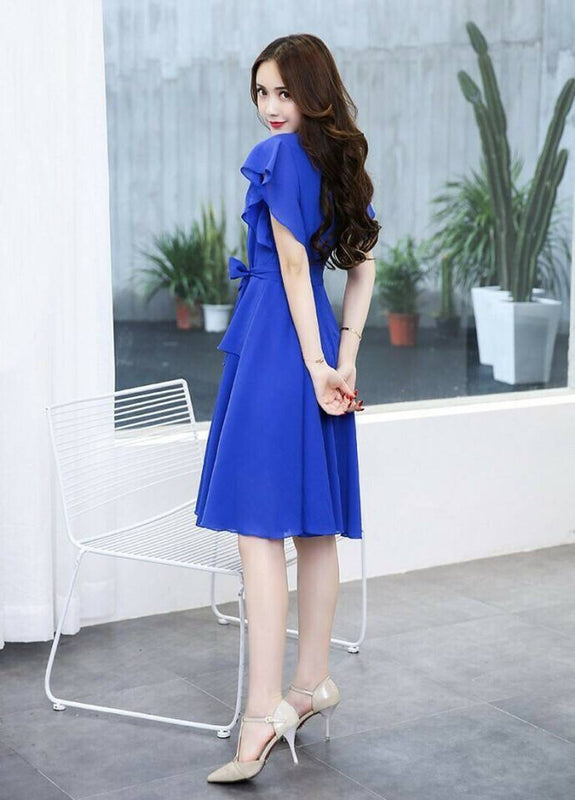 Knee Length Cobalt Blue V Neck Dress Women's Blue Georgette Solid Knee Length Dress M