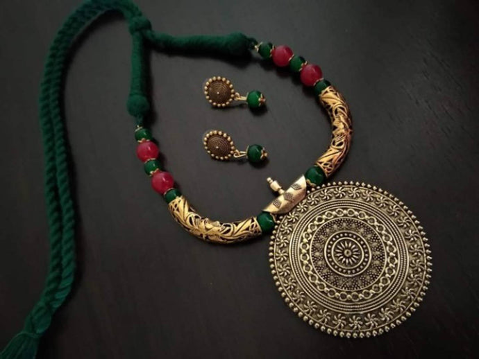 Beautiful Designer Oxidised Pendant With Thread and Bead Work Necklace Set