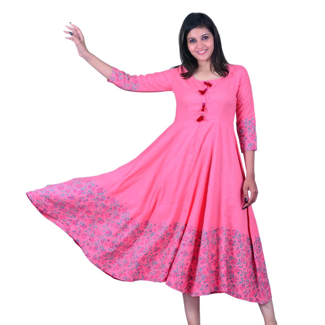 Elegant Pink Self Pattern Rayon Anarkali Kurti - SVB Ventures 