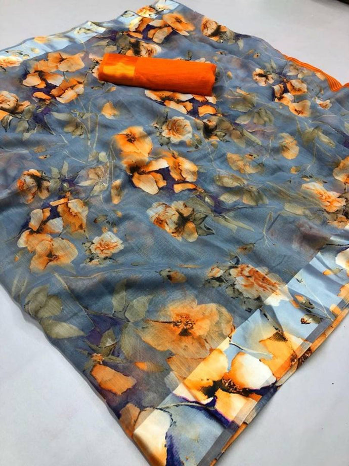 Beautiful Linen Printed Saree with Blouse piece