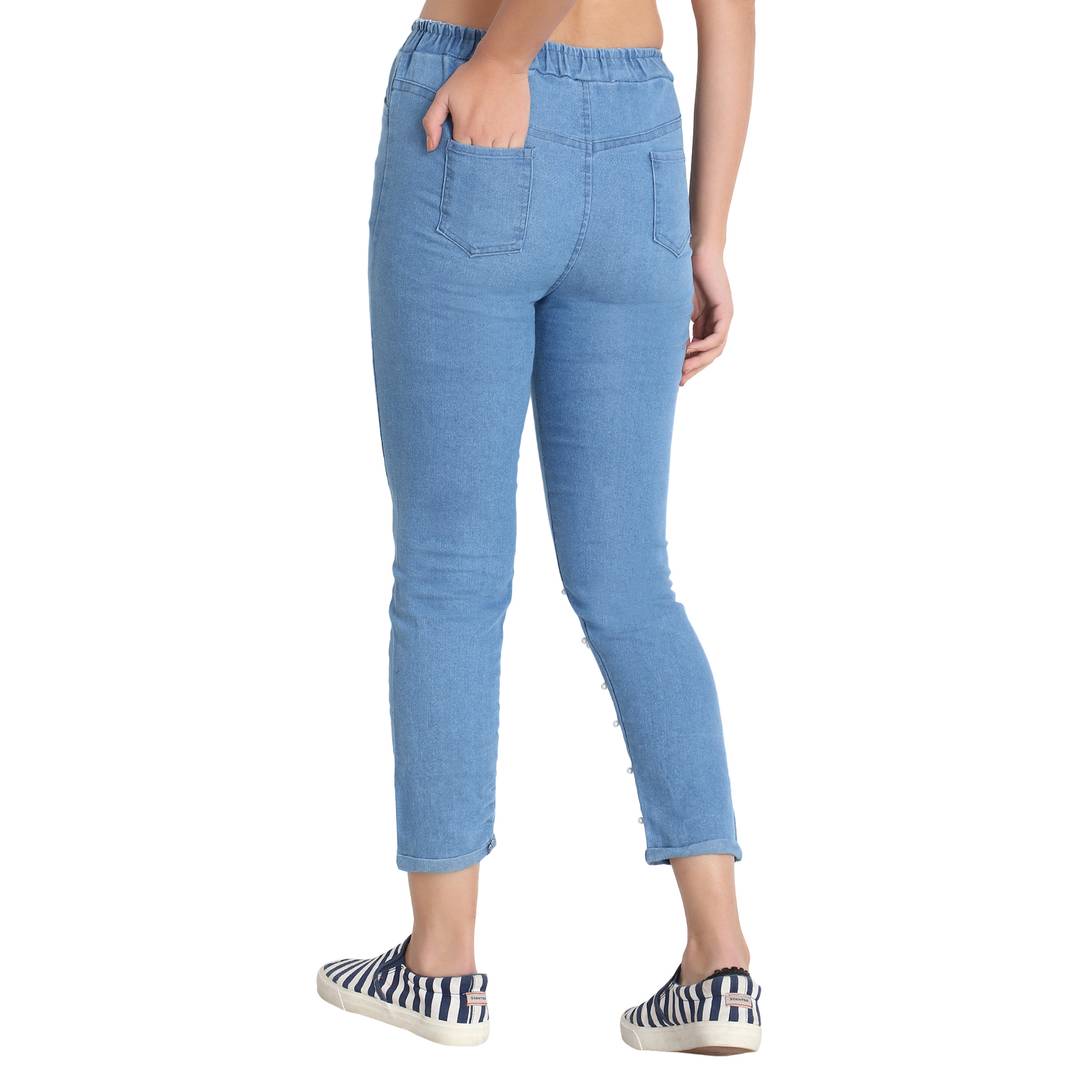 Light Blue Pearl Embellished Skinny Denim Jeans
