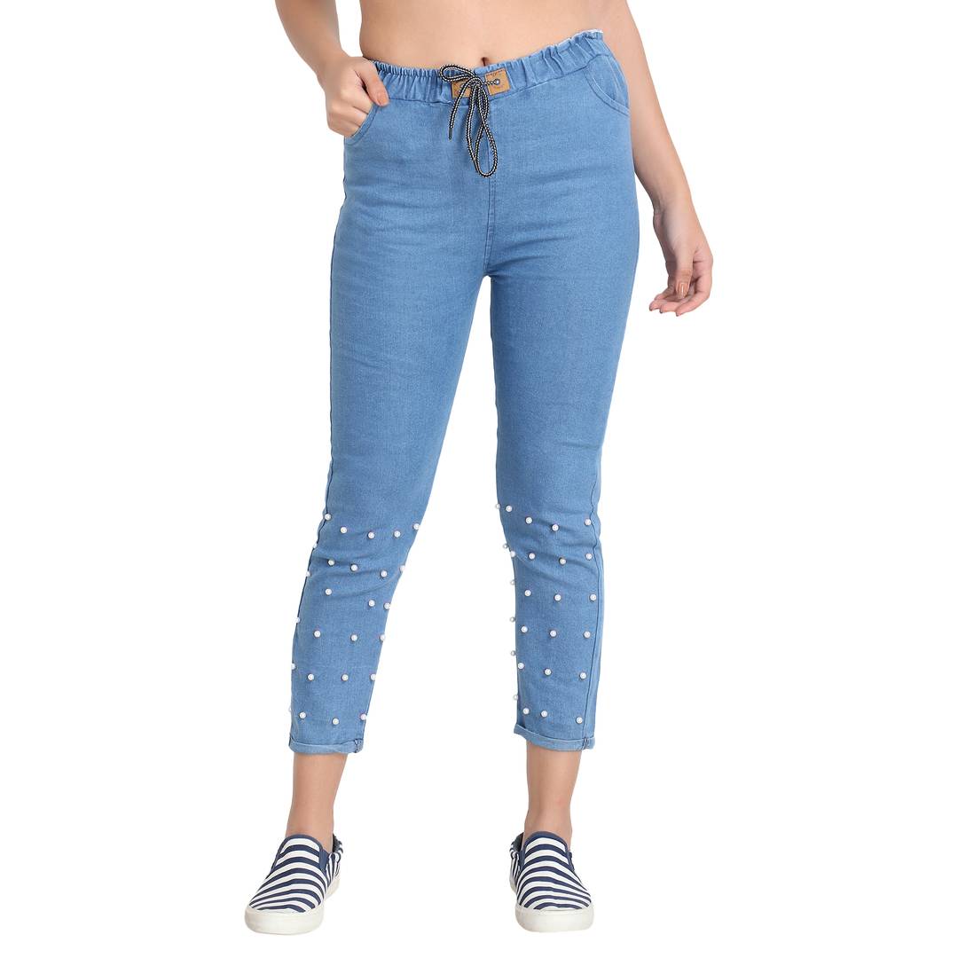 Light Blue Pearl Embellished Skinny Denim Jeans