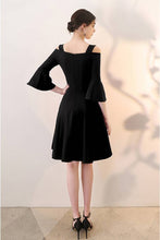 Load image into Gallery viewer, Women Black Bell Sleeve Cold Sholder Hosery Short Dress