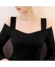 Load image into Gallery viewer, Women Black Bell Sleeve Cold Sholder Hosery Short Dress