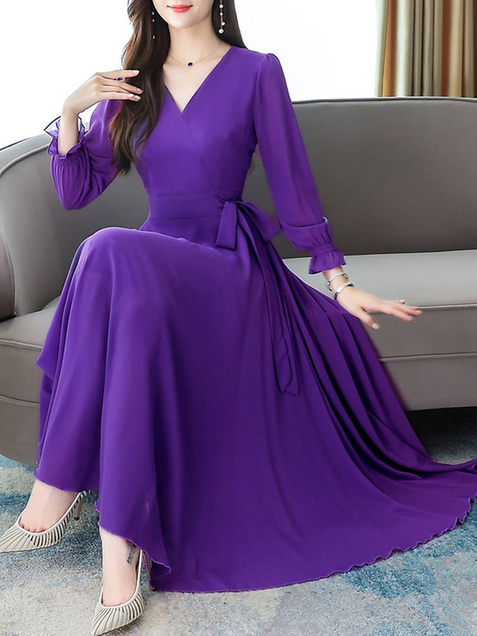 Women Purple V-Neck Long Sleeve Georgette Maxi Dress