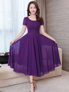 Purple Solid Round Neck Georgette Maxi Dress