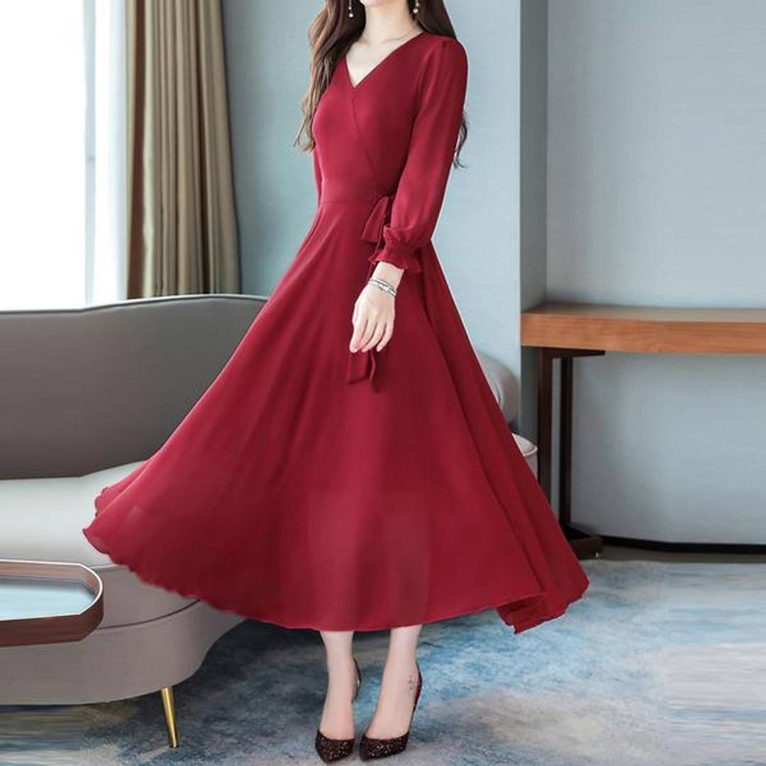 Women Red V-Neck Long Sleeve Georgette Maxi Dress