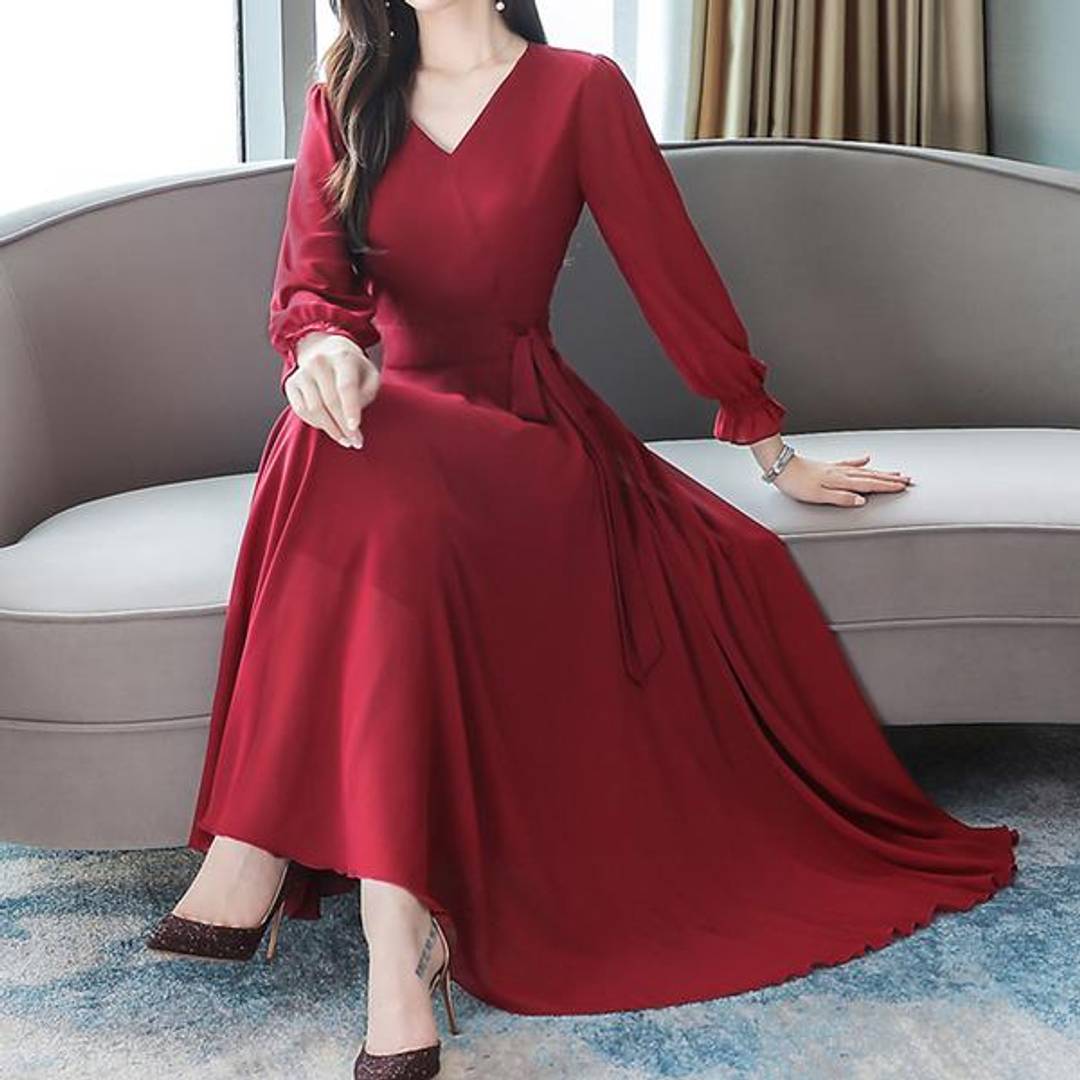 Buy Classy Fashion Women's Solid Full Sleeves Polyester Blend Maxi Dress  with Waist-Tie Strip-Belt | Stretchy, Soft & Breathable Casual Maxi Dress  for Girls (Large, Maroon) at Amazon.in