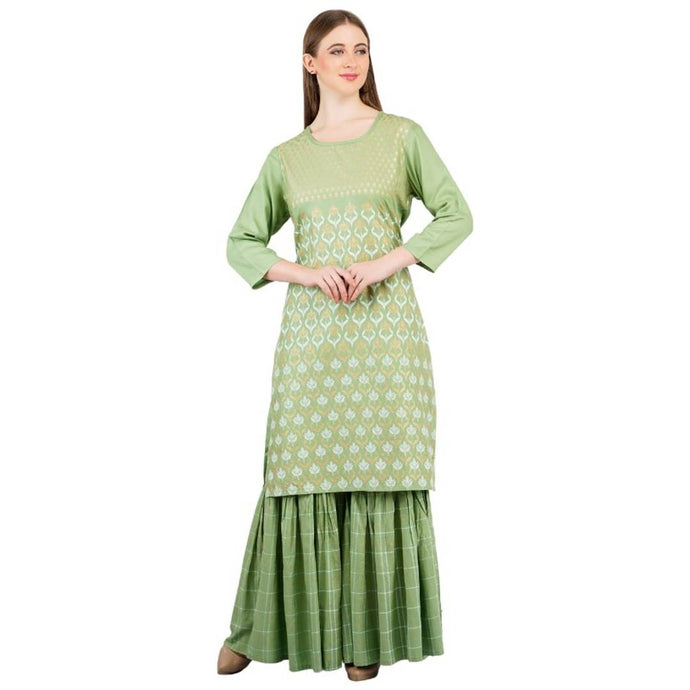 Fashionable Green Rayon Kurti And Sharara Set