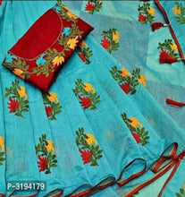 Load image into Gallery viewer, Trendy Chanderi Cotton Floral Embroidered Saree With Contrast Blouse Piece