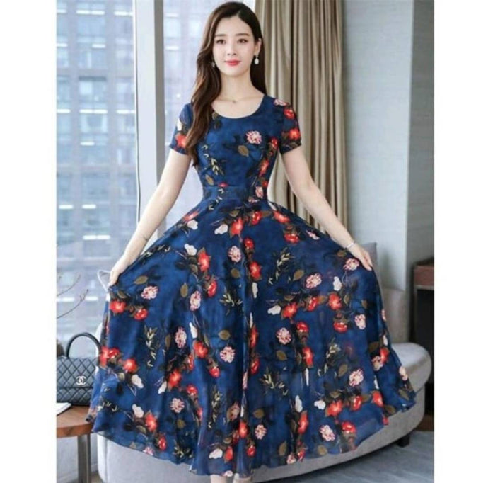Navy Blue Floral Printed Maxi Dress