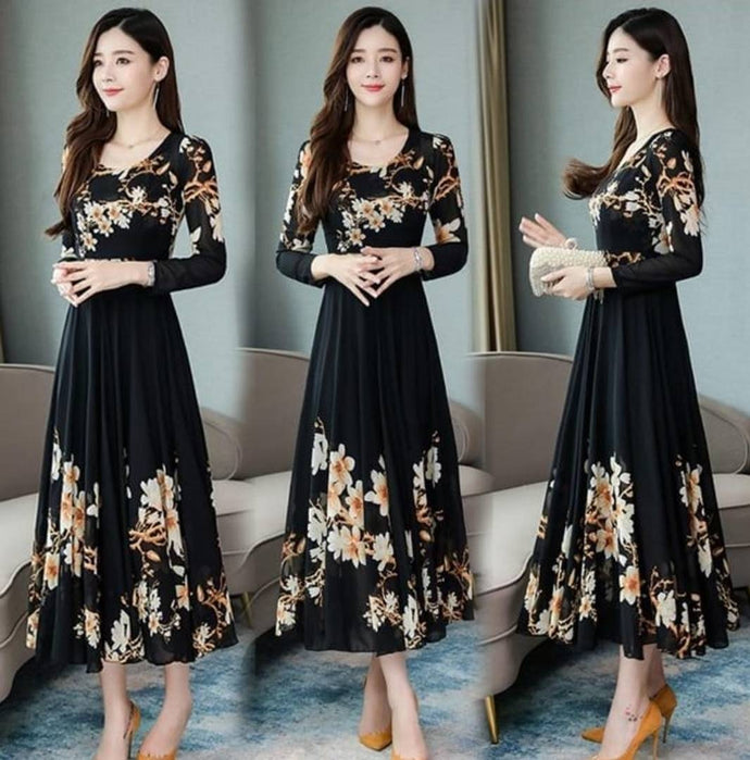Black Flower Print Dress With Full Sleeve 0101