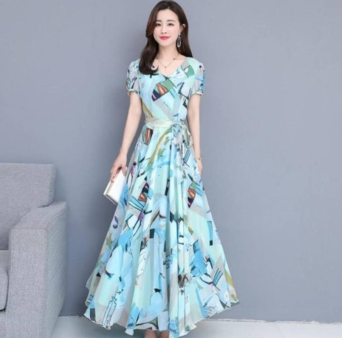 Sky Blue Graphic Printed Long Maxi Dress